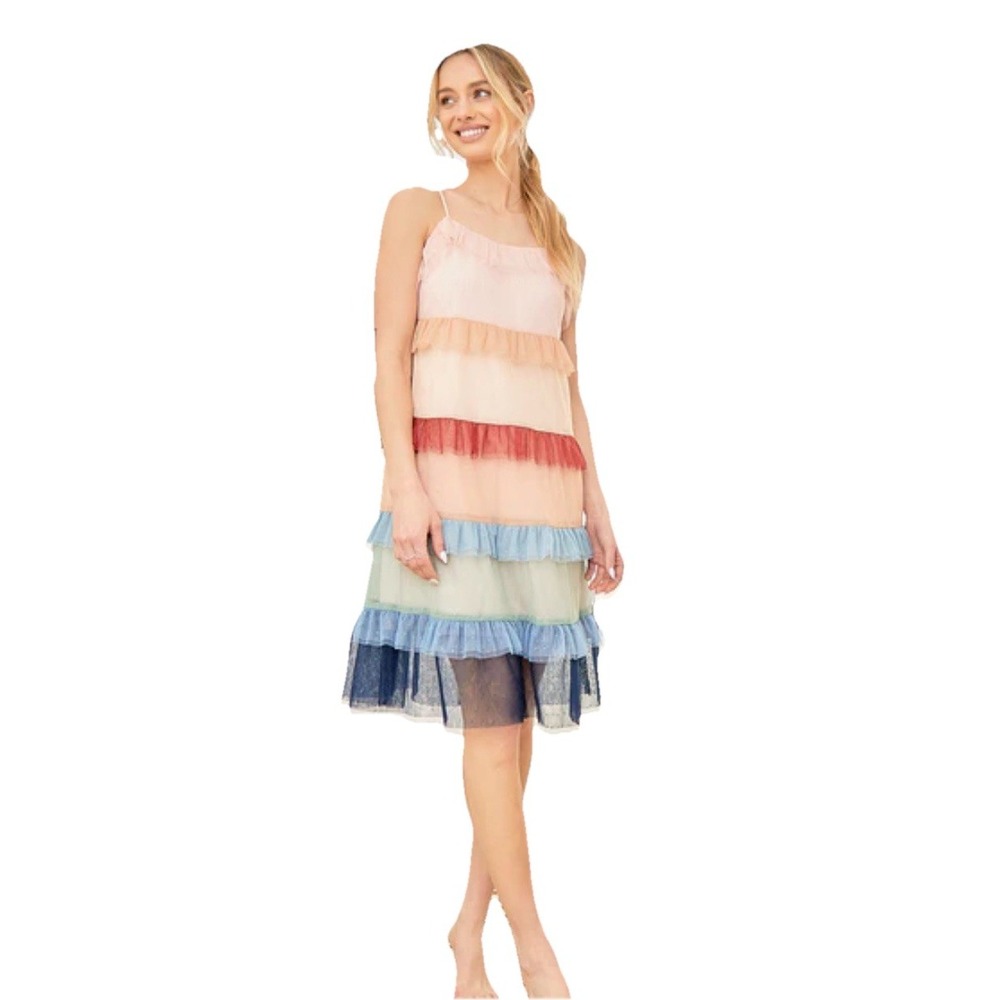 Mystree Colorblock Sheer Mesh Ruffle Dress,‎ Adjustable Straps, Romance Sz S